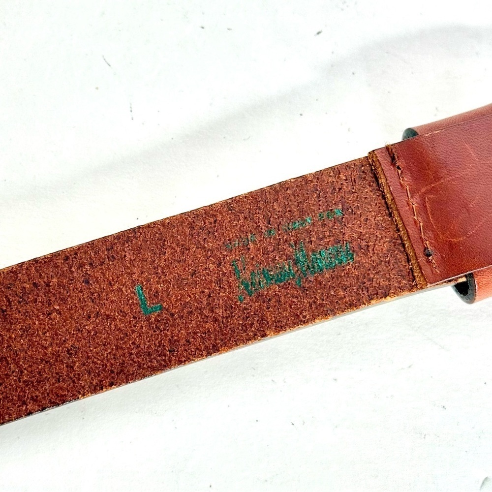 1980s Vintage NEIMAN MARCUS Brown Leather Pewter Cowgirl Conch Belt Size Large - Picture 8 of 16